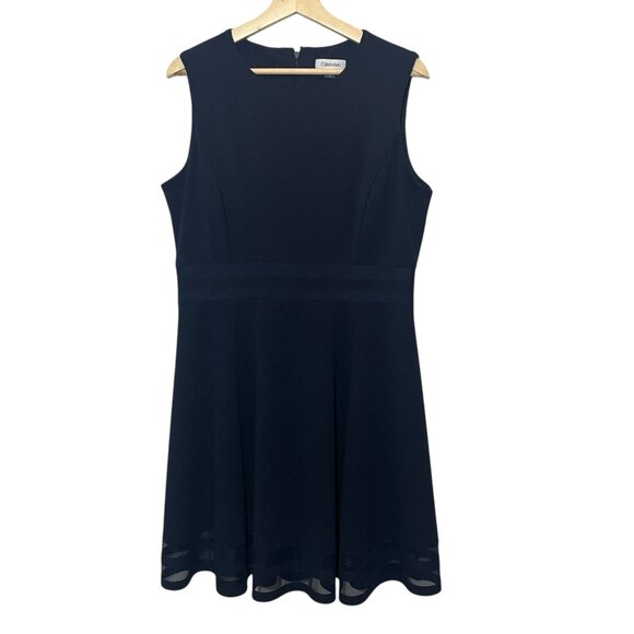 Calvin Klein Women Navy Illusion- Trim Ponte Fit and Flare Dress Size 14 Career - Picture 2 of 10